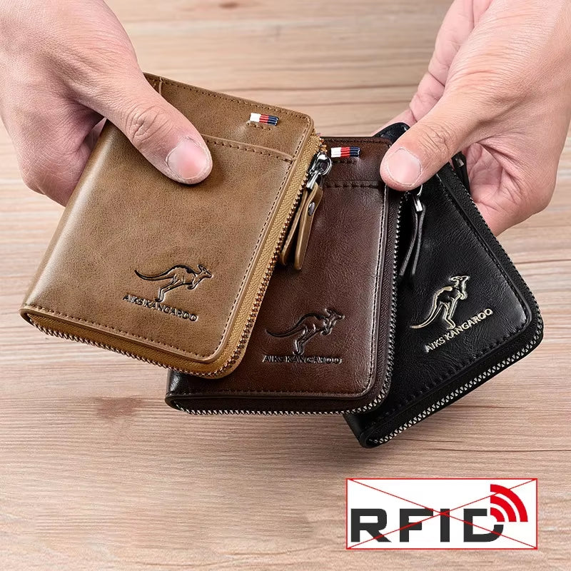 Sleek Men's Luxury PU Leather Wallet with RFID Protection - Stylish Zipper Purse for Business and Everyday Use