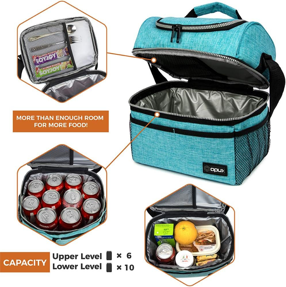 Stylish Insulated Lunch Bag for Men and Women - Large Double Decker Cooler with Dual Compartments, Perfect for Work, School, and Travel - Aqua Turquoise 12L