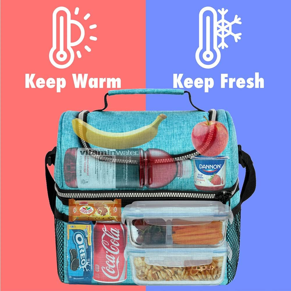 Stylish Insulated Lunch Bag for Men and Women - Large Double Decker Cooler with Dual Compartments, Perfect for Work, School, and Travel - Aqua Turquoise 12L