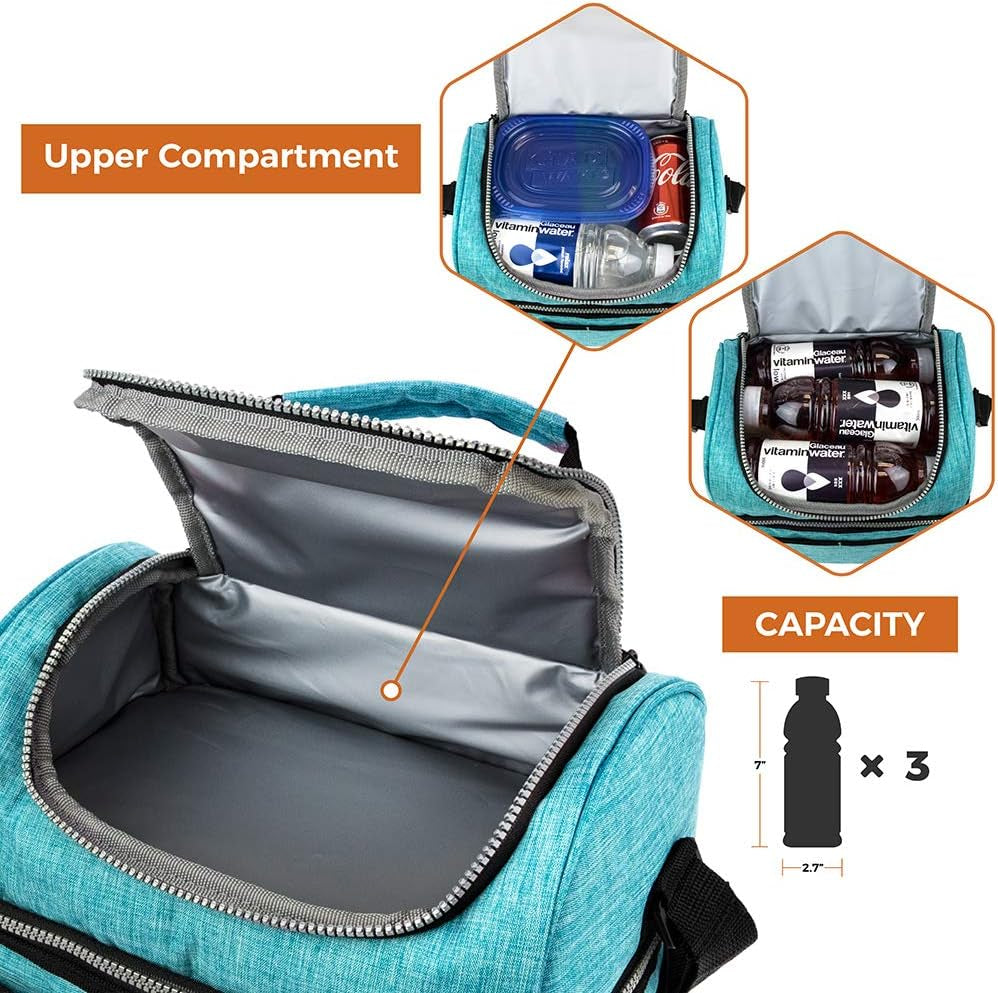 Stylish Insulated Lunch Bag for Men and Women - Large Double Decker Cooler with Dual Compartments, Perfect for Work, School, and Travel - Aqua Turquoise 12L