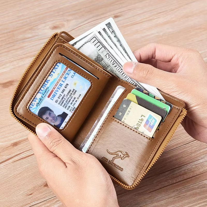 Sleek Men's Luxury PU Leather Wallet with RFID Protection - Stylish Zipper Purse for Business and Everyday Use
