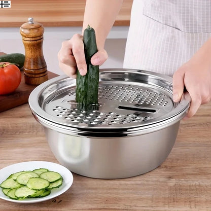 Elevate Your Kitchen Experience with Our 3-Piece Stainless Steel Multifunctional Strainer and Mixing Bowl Set for Effortless Fruit and Vegetable Preparation