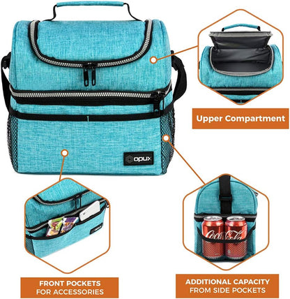 Stylish Insulated Lunch Bag for Men and Women - Large Double Decker Cooler with Dual Compartments, Perfect for Work, School, and Travel - Aqua Turquoise 12L
