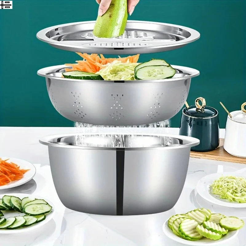 Elevate Your Kitchen Experience with Our 3-Piece Stainless Steel Multifunctional Strainer and Mixing Bowl Set for Effortless Fruit and Vegetable Preparation