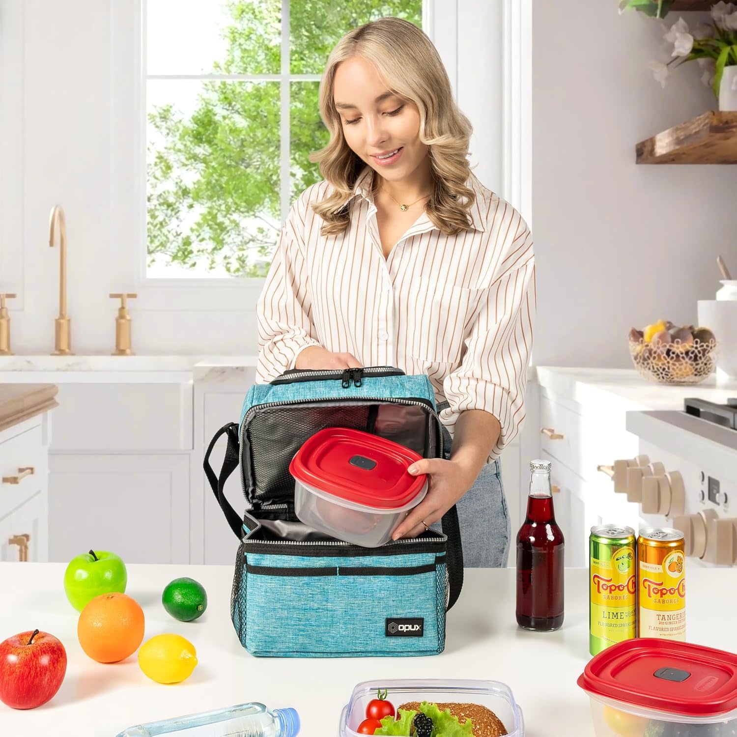 Stylish Insulated Lunch Bag for Men and Women - Large Double Decker Cooler with Dual Compartments, Perfect for Work, School, and Travel - Aqua Turquoise 12L