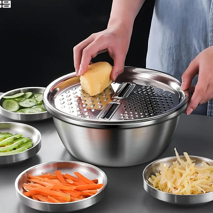 Elevate Your Kitchen Experience with Our 3-Piece Stainless Steel Multifunctional Strainer and Mixing Bowl Set for Effortless Fruit and Vegetable Preparation