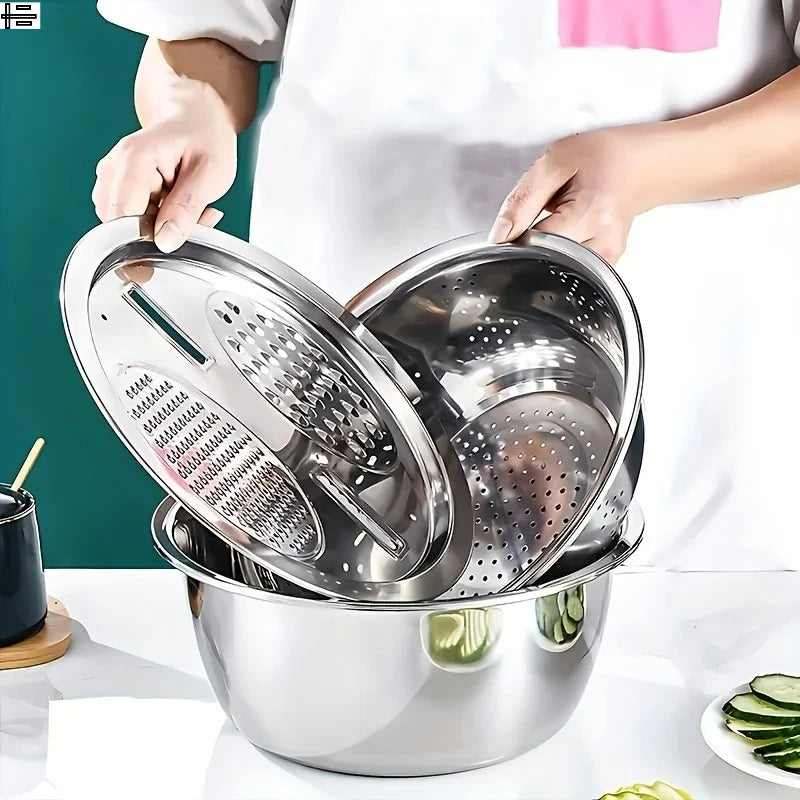 Elevate Your Kitchen Experience with Our 3-Piece Stainless Steel Multifunctional Strainer and Mixing Bowl Set for Effortless Fruit and Vegetable Preparation