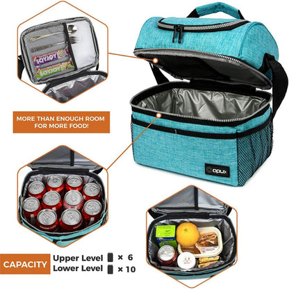 Stylish Insulated Lunch Bag for Men and Women - Large Double Decker Cooler with Dual Compartments, Perfect for Work, School, and Travel - Aqua Turquoise 12L