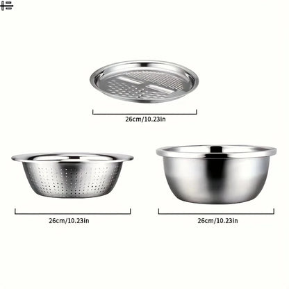Elevate Your Kitchen Experience with Our 3-Piece Stainless Steel Multifunctional Strainer and Mixing Bowl Set for Effortless Fruit and Vegetable Preparation