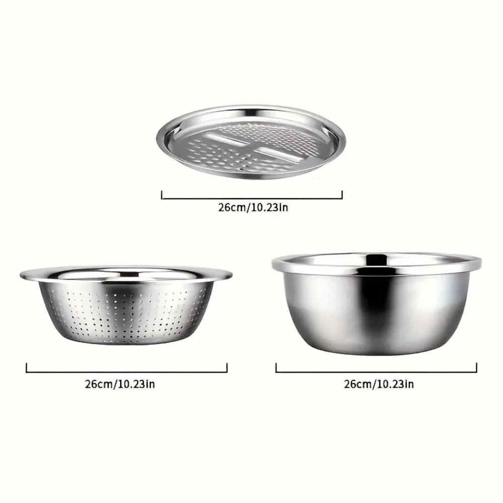 Elevate Your Kitchen Experience with Our 3-Piece Stainless Steel Multifunctional Strainer and Mixing Bowl Set for Effortless Fruit and Vegetable Preparation