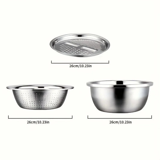Elevate Your Kitchen Experience with Our 3-Piece Stainless Steel Multifunctional Strainer and Mixing Bowl Set for Effortless Fruit and Vegetable Preparation